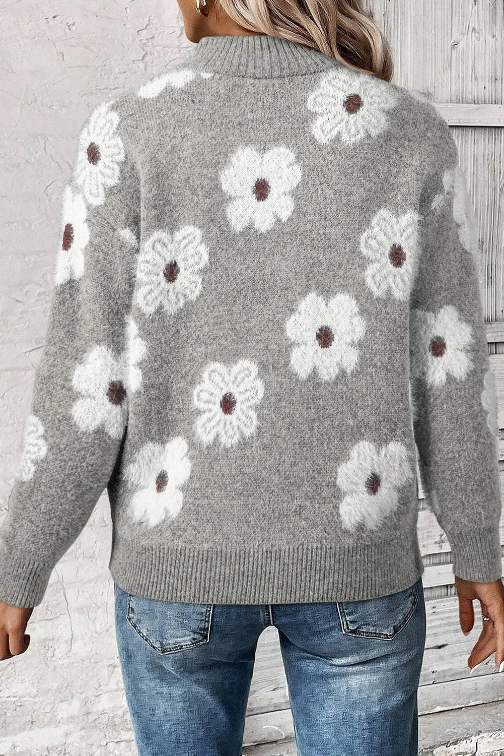 Flower Half Zip Long Sleeve Sweater Trendsi