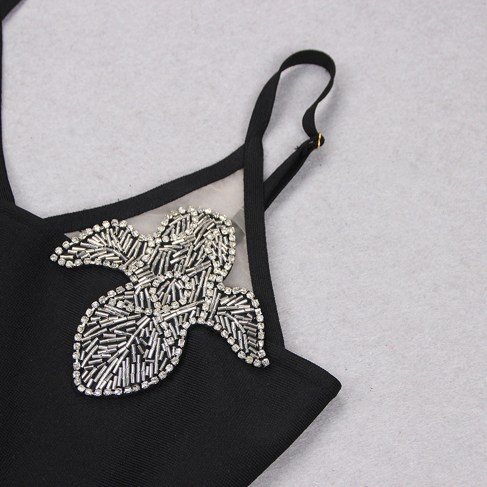 Women's Fashion Bandeau Sling Slim Deep V-neck Bead Bandage One-piece Dress Aclosy