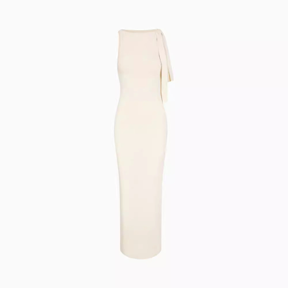 Flat Shoulder Asymmetric Ribbon Dress Slim-fit Sexy Sheath Dress