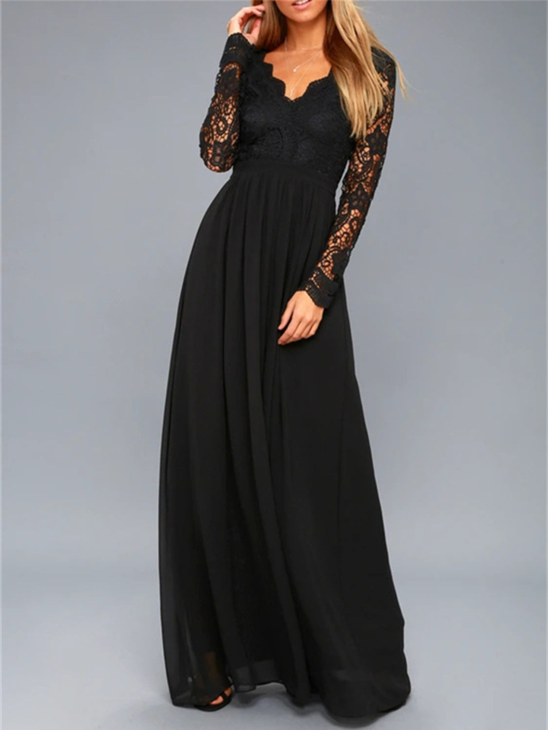 Lace Detail Backless Long Sleeve Maxi Dress Trendsi