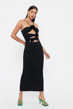 Flower Hollow Slim -fitting Neck Mid -length Suspender Dress aclosy