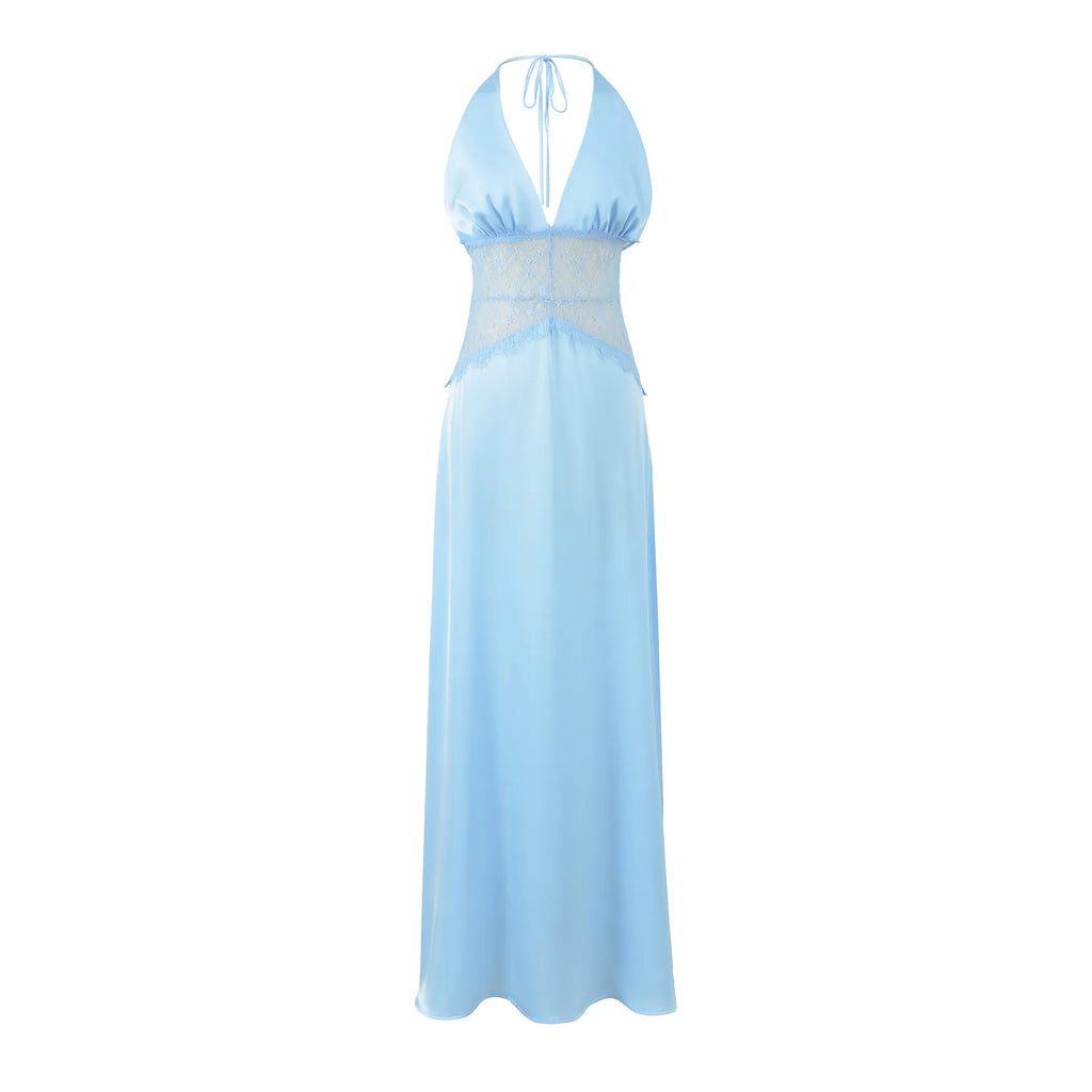 Aesha Backless Halter Dress with Deep V Neck, Satin Patchwork