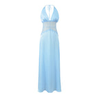 Aesha Backless Halter Dress with Deep V Neck, Satin Patchwork