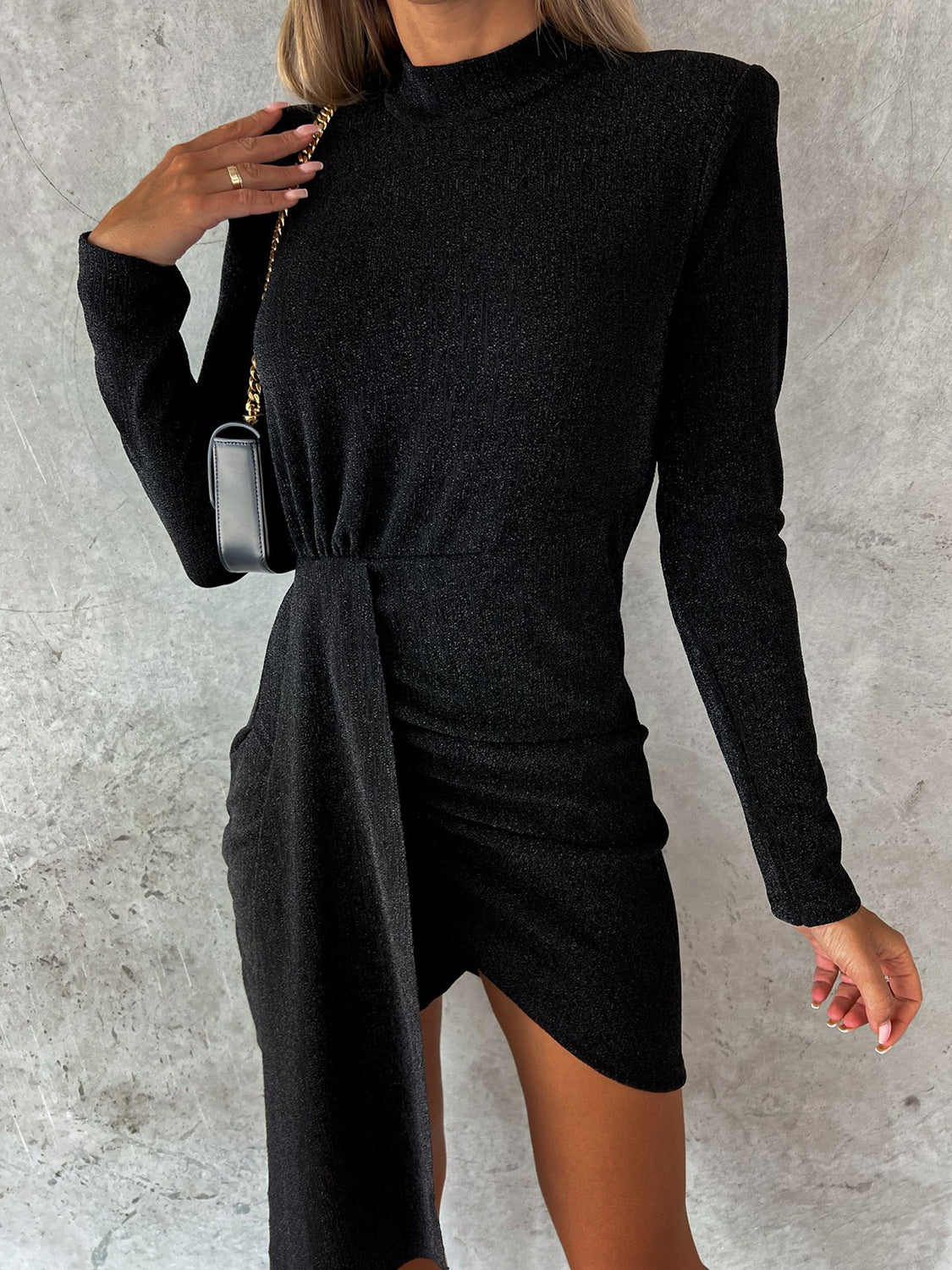 Heathered Mock Neck Long Sleeve Mini Dress Trendsi