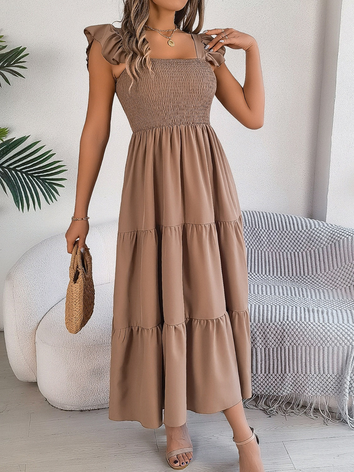 Smocked Square Neck Cap Sleeve Midi Dress Trendsi