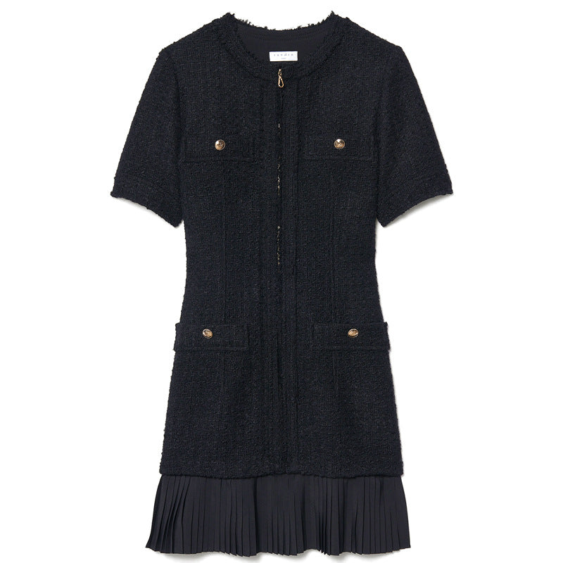 Fragrant Wind Woolen Pleated Stitching Skirt Short-sleeved Black Dress Aclosy