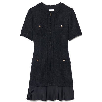 Fragrant Wind Woolen Pleated Stitching Skirt Short-sleeved Black Dress Aclosy