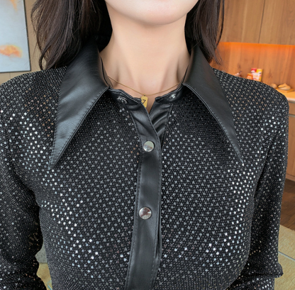 Sequin Dress Shirt Collar Long Sleeves High Waist Aclosy