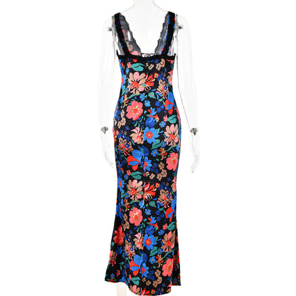 New Print Halter Dress Europe And The United States Wind Sexy Spicy Girl Backless V-neck Long Dress aclosy