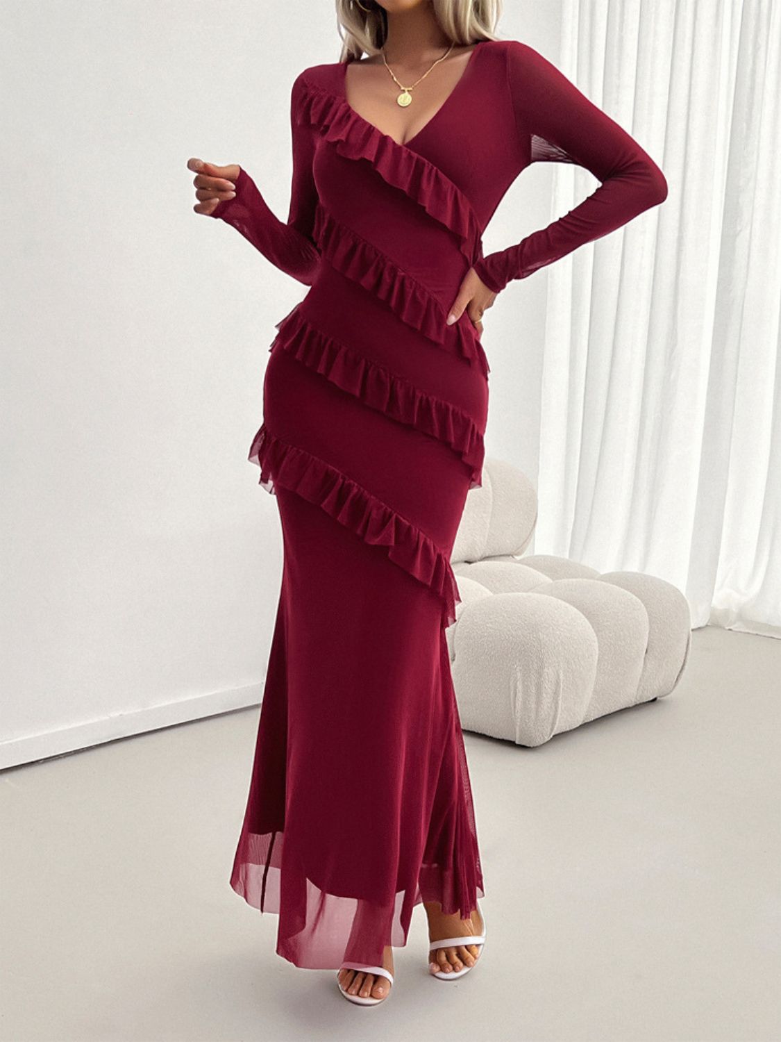 Devine Ruffled Surplice Long Sleeve Maxi Dress Trendsi