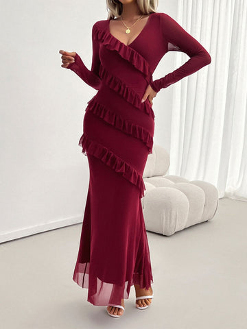 devine ruffle maxi dress Ruffled Surplice Long Sleeve – Aclosy Halter w/ Tie Size:37.5 (US 7.5) emerald green satin shirt Two Piece Short Prom