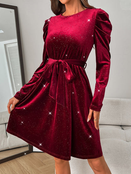 Glitter Round Neck Puff Sleeve Dress Trendsi