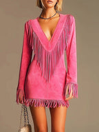 dakota fringe suede v-neck long sleeve mini dress in hot pink - front view