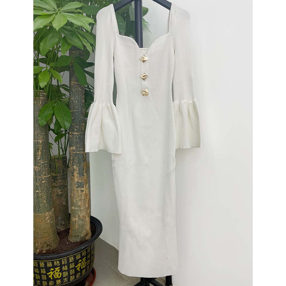 Classic Style Ladies Square Collar Long Sleeve One-step Dress aclosy