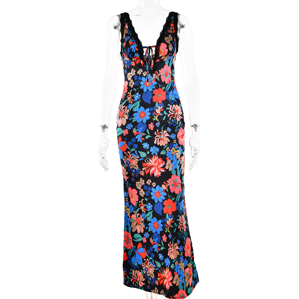 New Print Halter Dress Europe And The United States Wind Sexy Spicy Girl Backless V-neck Long Dress aclosy