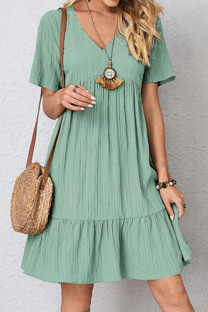 Full Size Ruched V-Neck Short Sleeve Dress Trendsi