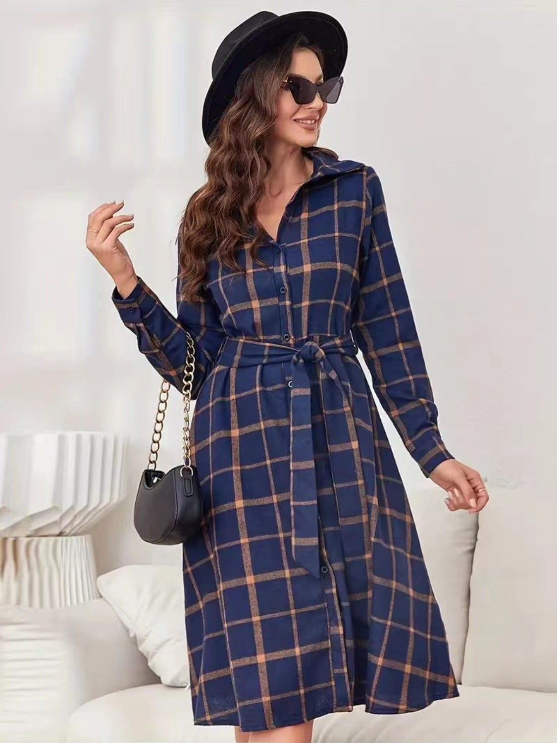 Plaid Tie Waist Long Sleeve Dress Trendsi