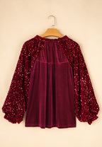 Sequin Notched Long Sleeve Blouse Trendsi