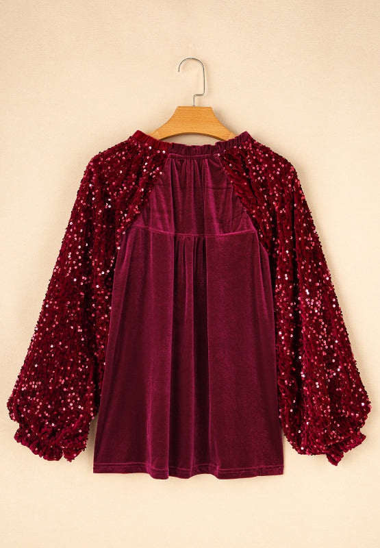Sequin Notched Long Sleeve Blouse Trendsi