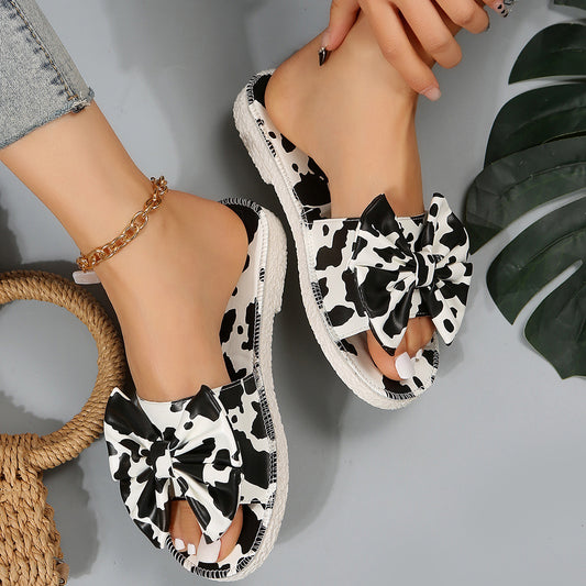 Women's Fashion Personality Cows Pattern Bow Outer Wear Flat Slippers aclosy