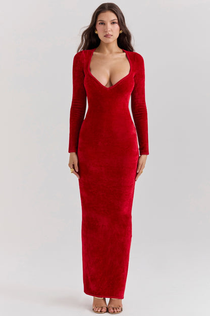 Red Plush Long-sleeved Slim Evening Dress