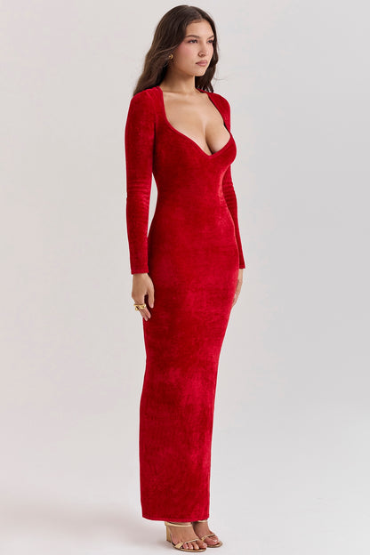 Red Plush Long-sleeved Slim Evening Dress