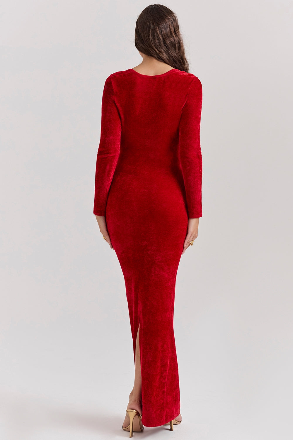 Red Plush Long-sleeved Slim Evening Dress