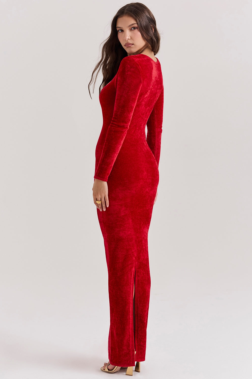 Red Plush Long-sleeved Slim Evening Dress