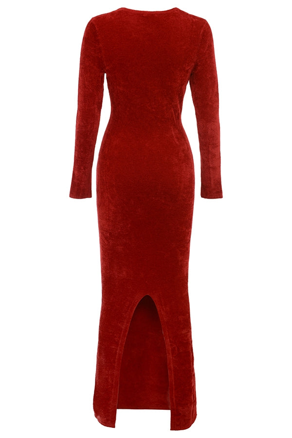 Red Plush Long-sleeved Slim Evening Dress