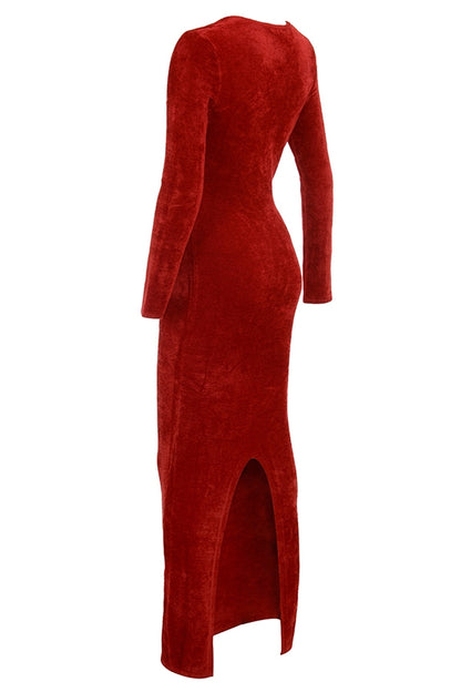 Red Plush Long-sleeved Slim Evening Dress