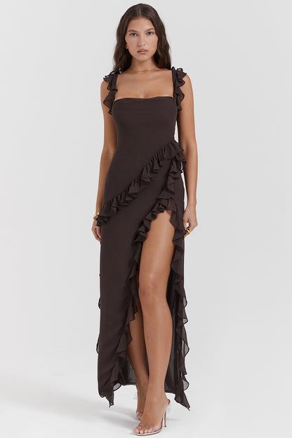 Split Ruffled Square Neck Maxi Dress