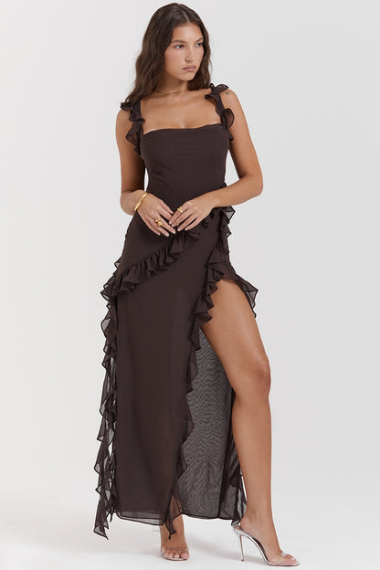 Split Ruffled Square Neck Maxi Dress