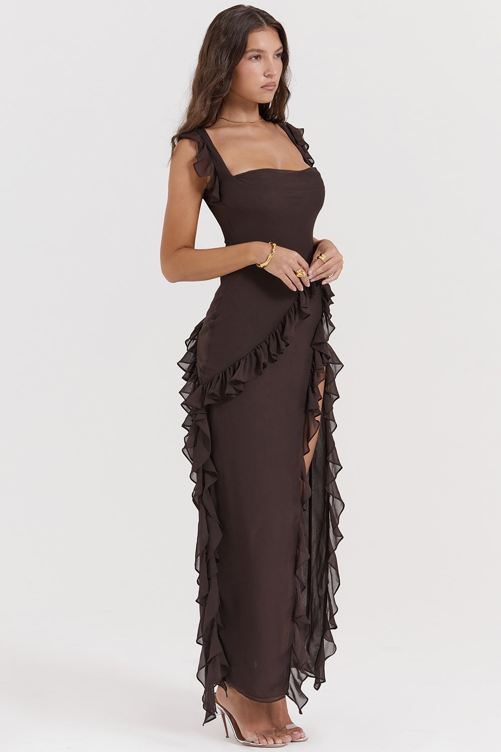 Split Ruffled Square Neck Maxi Dress