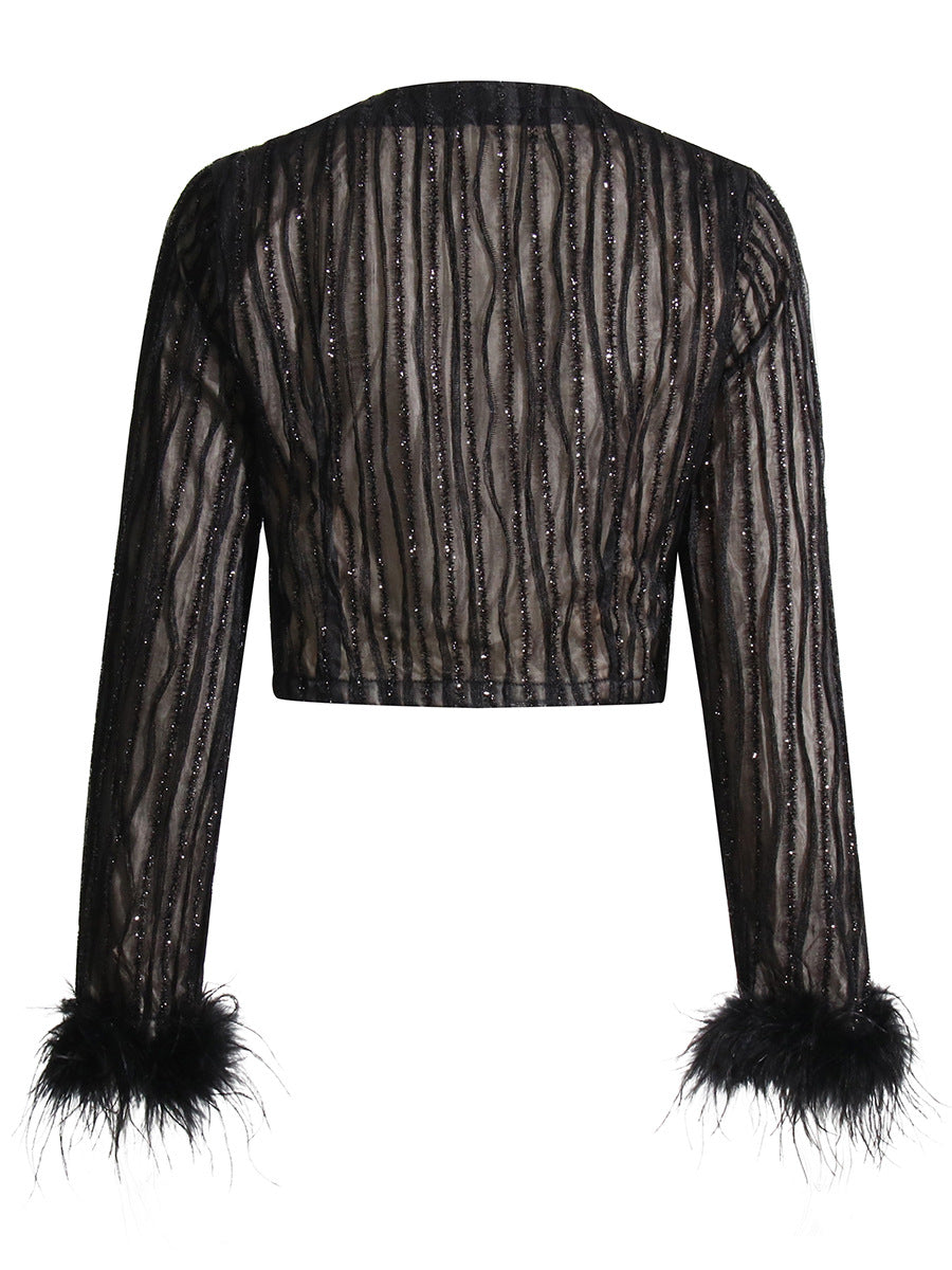 Irregular Skirt Ostrich Hair Patchwork Suit Aclosy