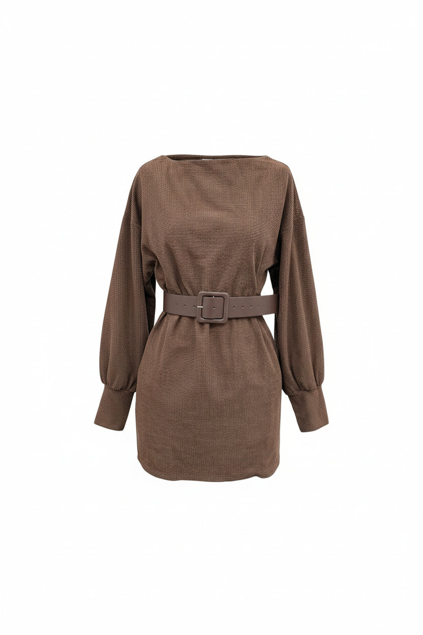 Chic Belted Long Sleeve Brown Bodycon Mini Dress aclosy
