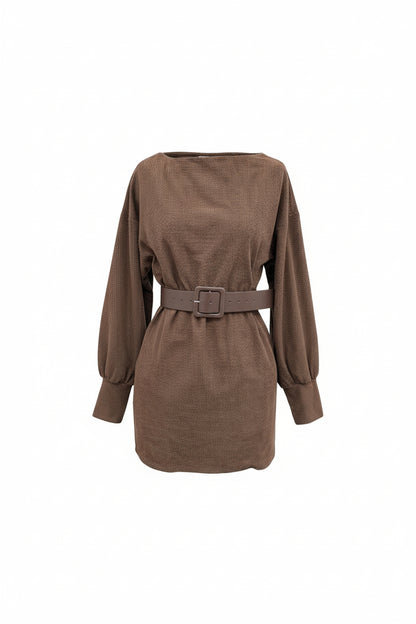 Chic Belted Long Sleeve Brown Bodycon Mini Dress aclosy