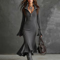 Women's Half Zip Bodycon Dress - Flared Sleeve & Fishtail Hem Long Sleeve Dress aclosy