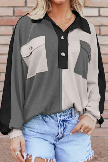 Color Block Collared Neck Long Sleeve Sweatshirt Trendsi