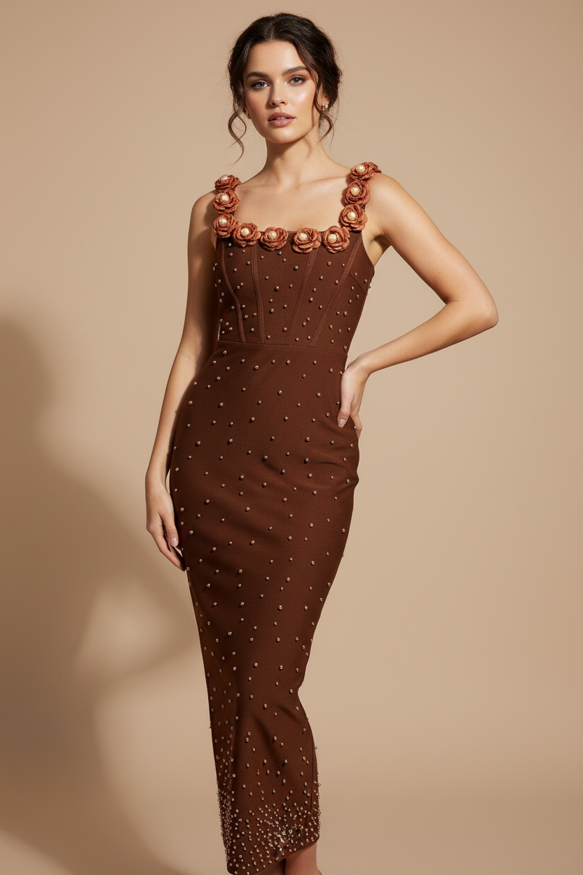 Elegant Floral Beaded Bandage Maxi Dress