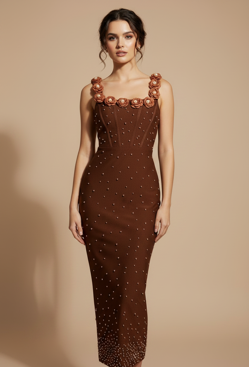 Elegant Floral Beaded Bandage Maxi Dress