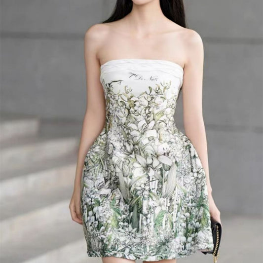 Green Flower Print Tube Top Dress aclosy