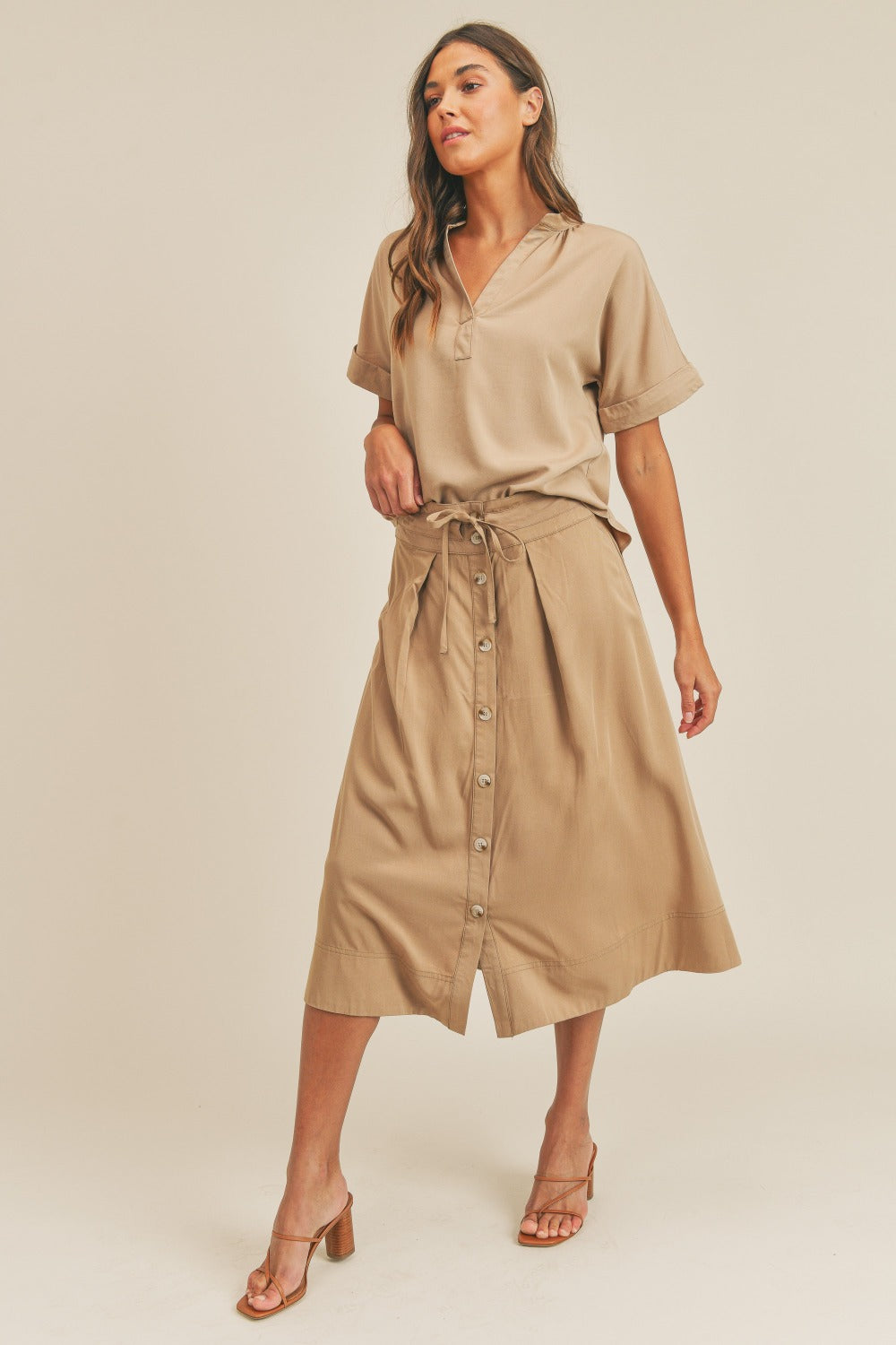 MABLE Short Sleeve Top and Button Down Midi Skirt Set Trendsi