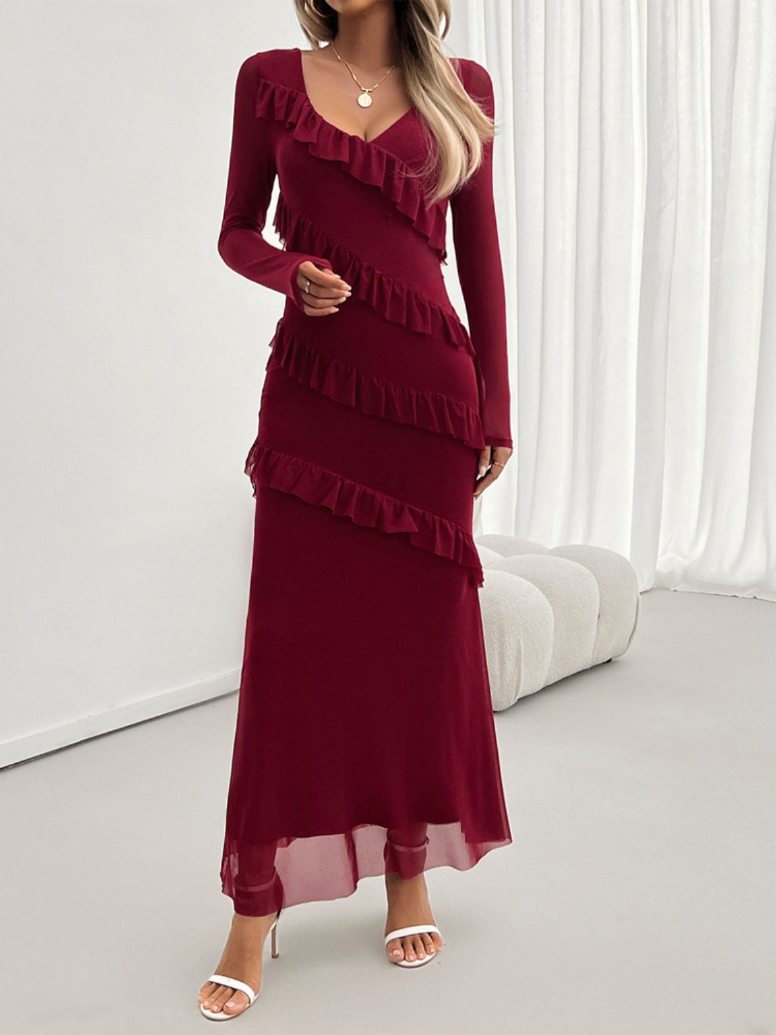 Devine Ruffled Surplice Long Sleeve Maxi Dress Trendsi