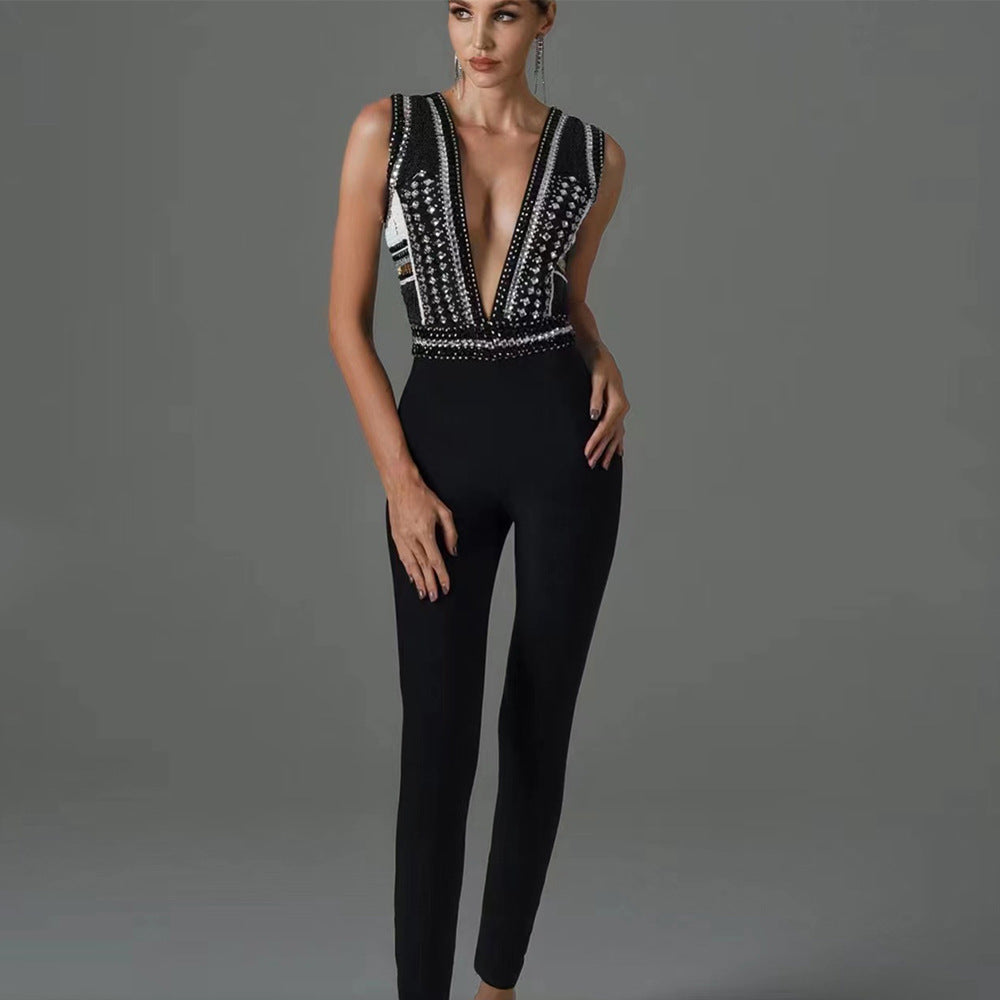 Beaded Slim-fit Slimming Sleeveless Bandage Jumpsuit For Women Aclosy