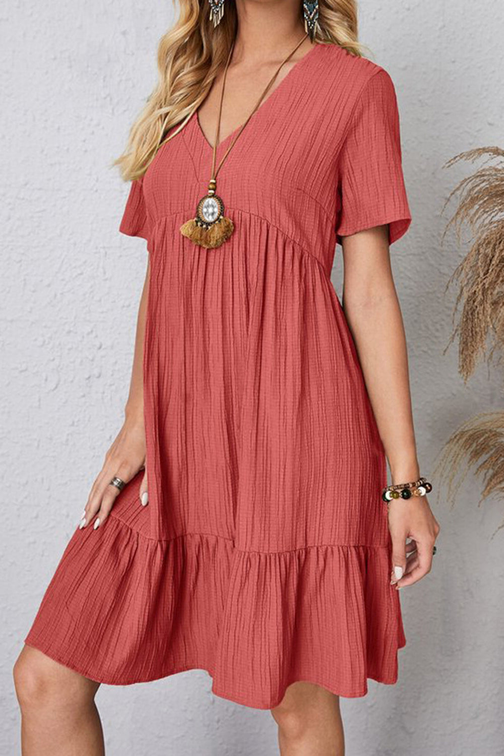 Full Size Ruched V-Neck Short Sleeve Dress Trendsi