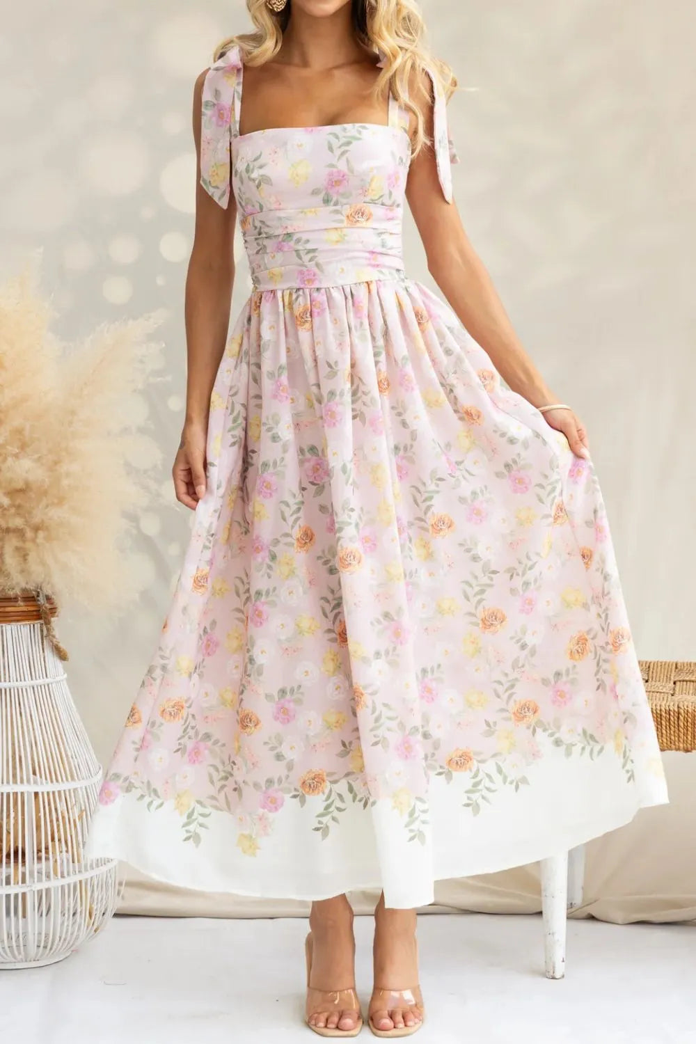 Printed Tie Shoulder Midi Cami Dress