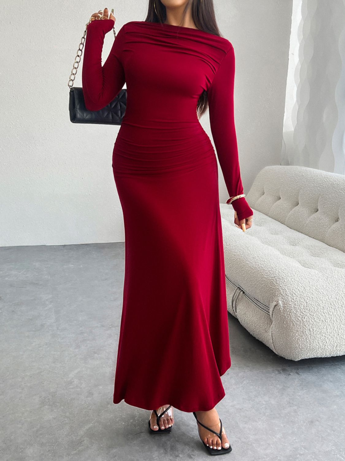 Devine Ruched Long Sleeve Maxi Dress Trendsi