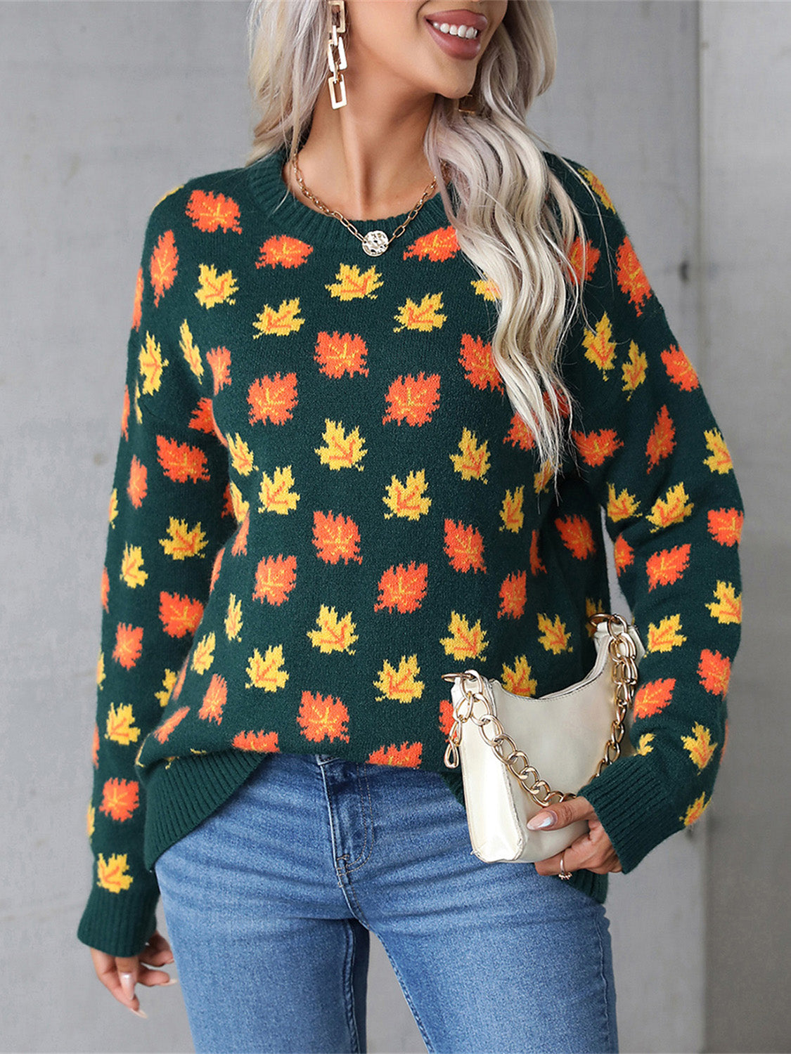 Angel Wings Maple Leaf Round Neck Long Sleeve Sweater Trendsi