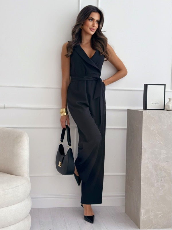 V-neck Sleeveless Jumpsuit With Belt Design Summer Fashion Trousers Women's Clothing aclosy