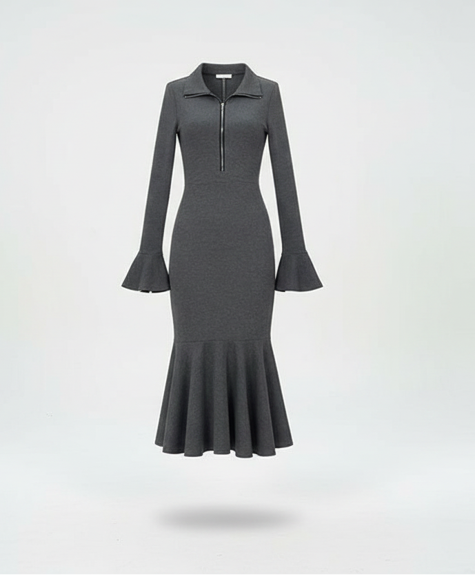 Aluna Half Zip Fishtail Hem Flared Sleeve Dress